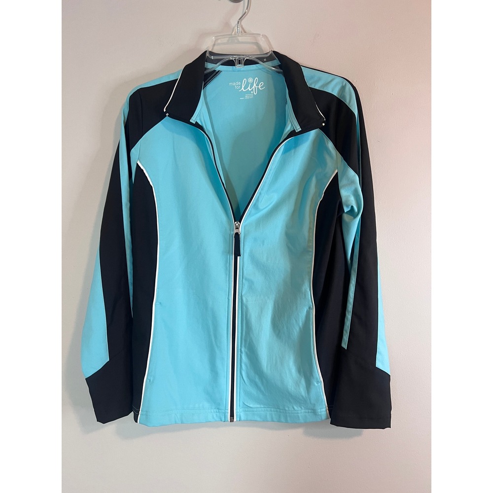 Made For Life Womens Aqua Blue Black Colorblock Full Zip Track Jacket Size M